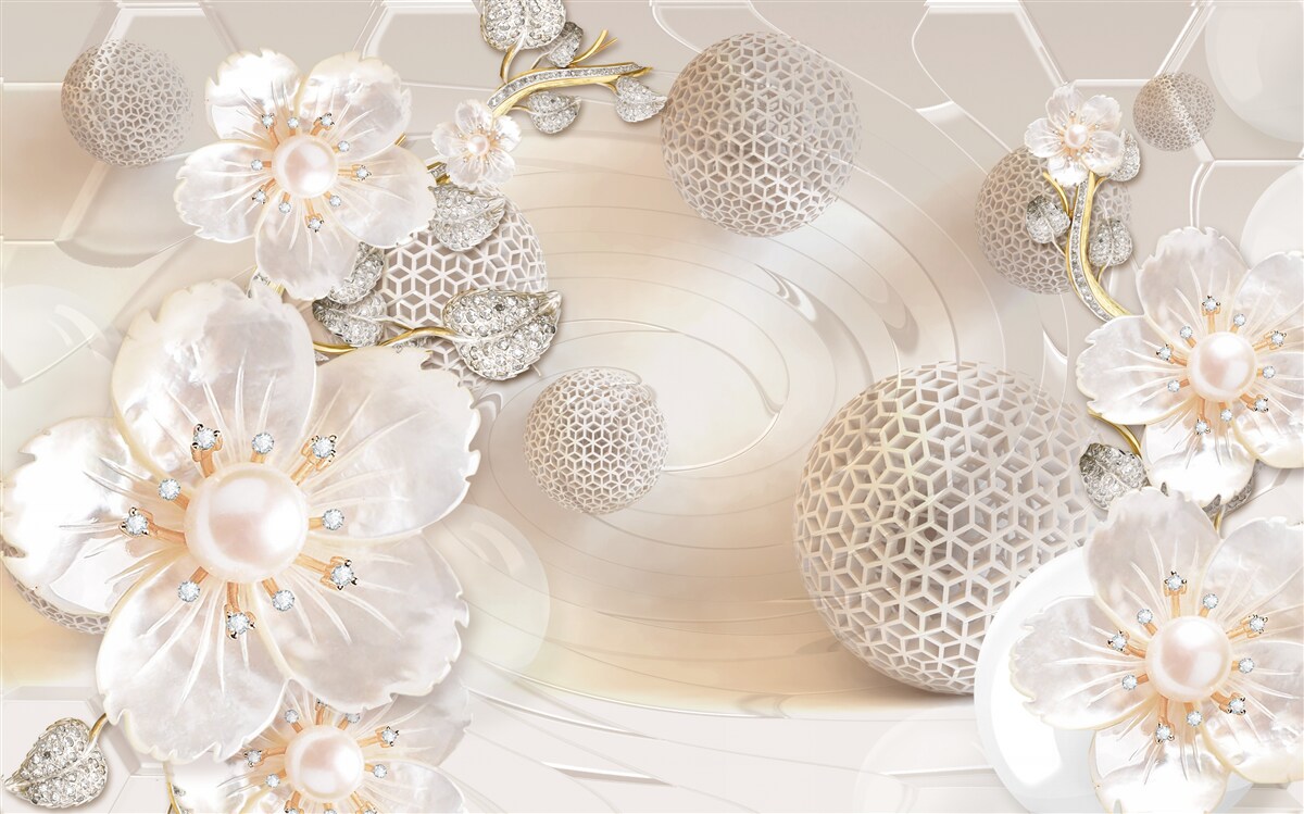 Fotobehang heldere drijvende ballen en lichte botanische kransen