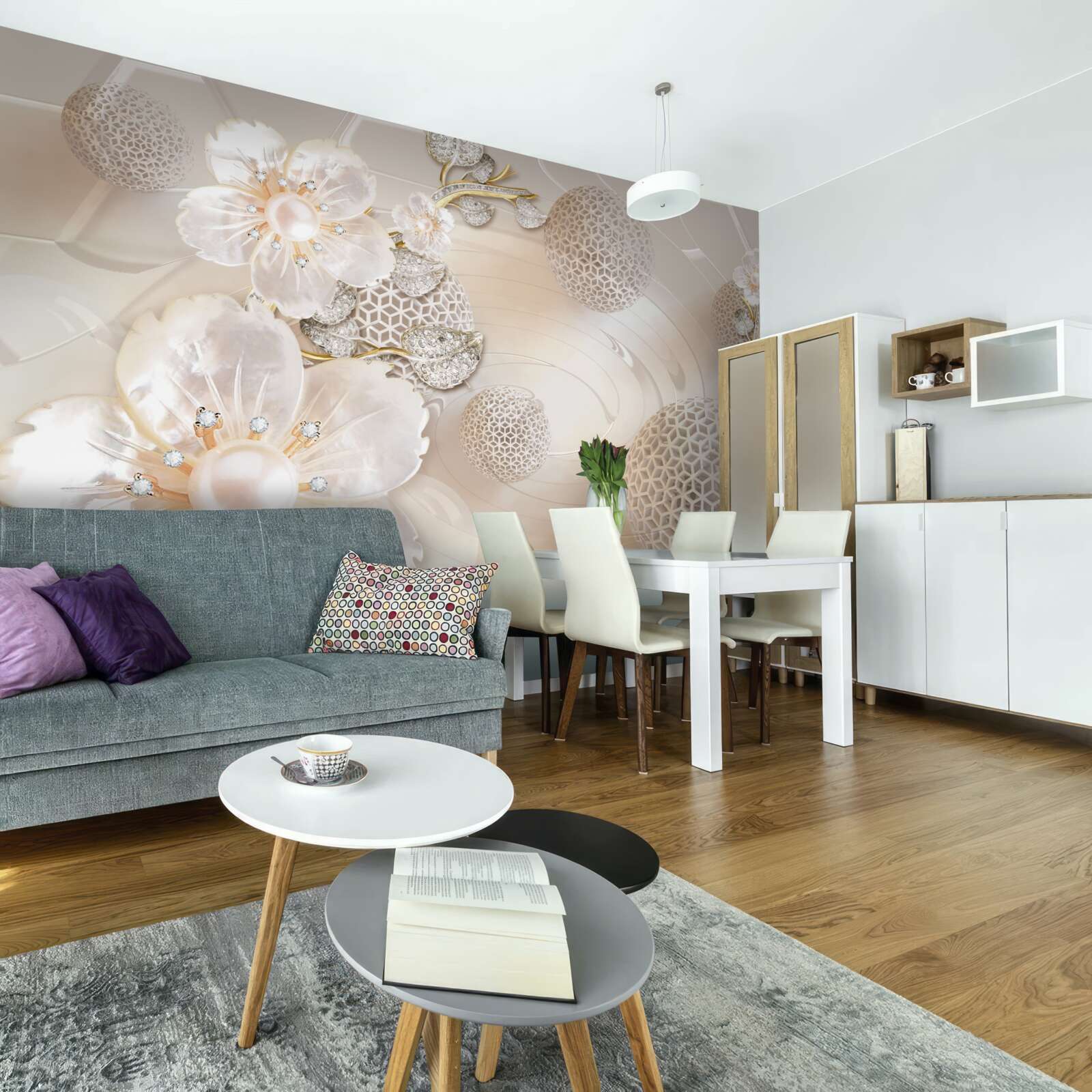 Fotobehang heldere drijvende ballen en lichte botanische kransen