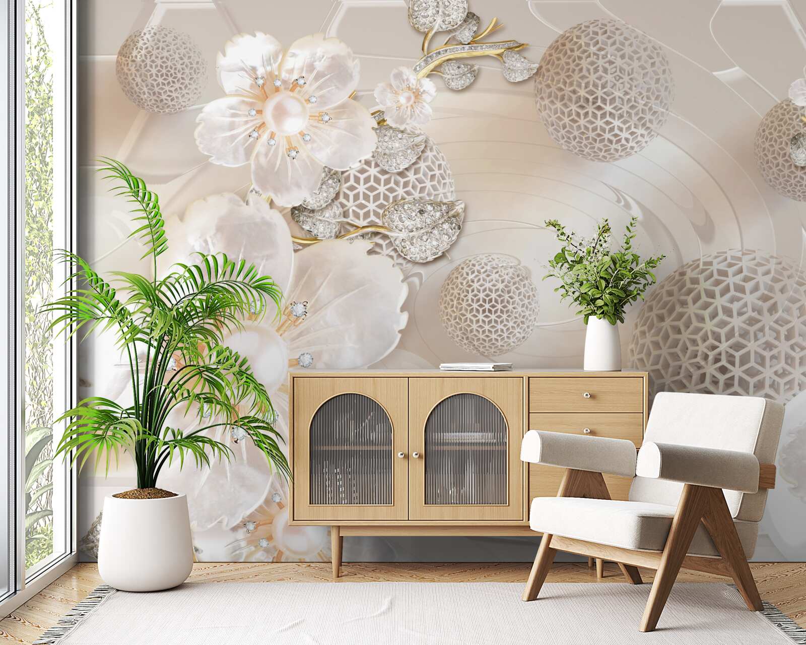 Fotobehang heldere drijvende ballen en lichte botanische kransen