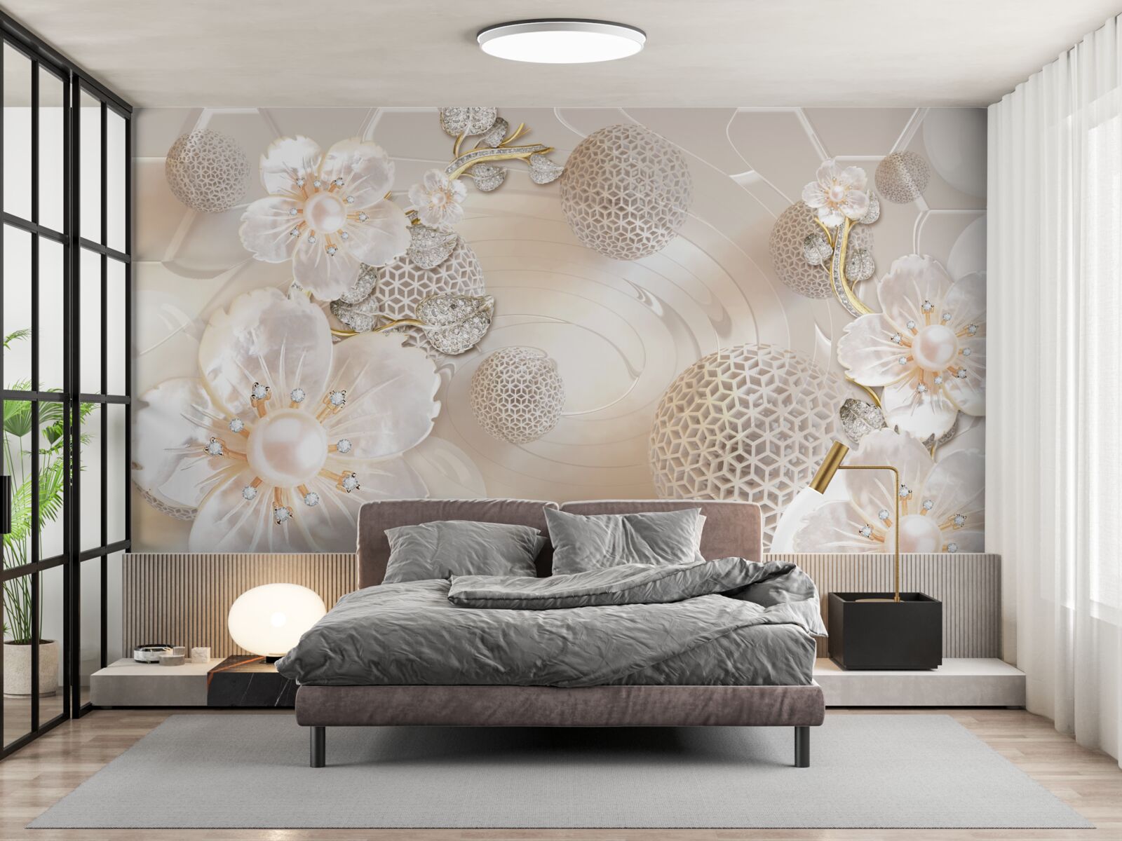 Fotobehang heldere drijvende ballen en lichte botanische kransen