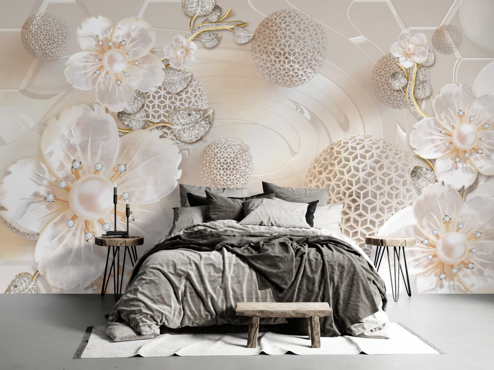 Fotobehang heldere drijvende ballen en lichte botanische kransen