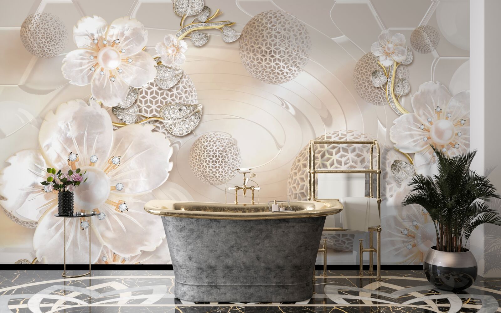 Fotobehang heldere drijvende ballen en lichte botanische kransen