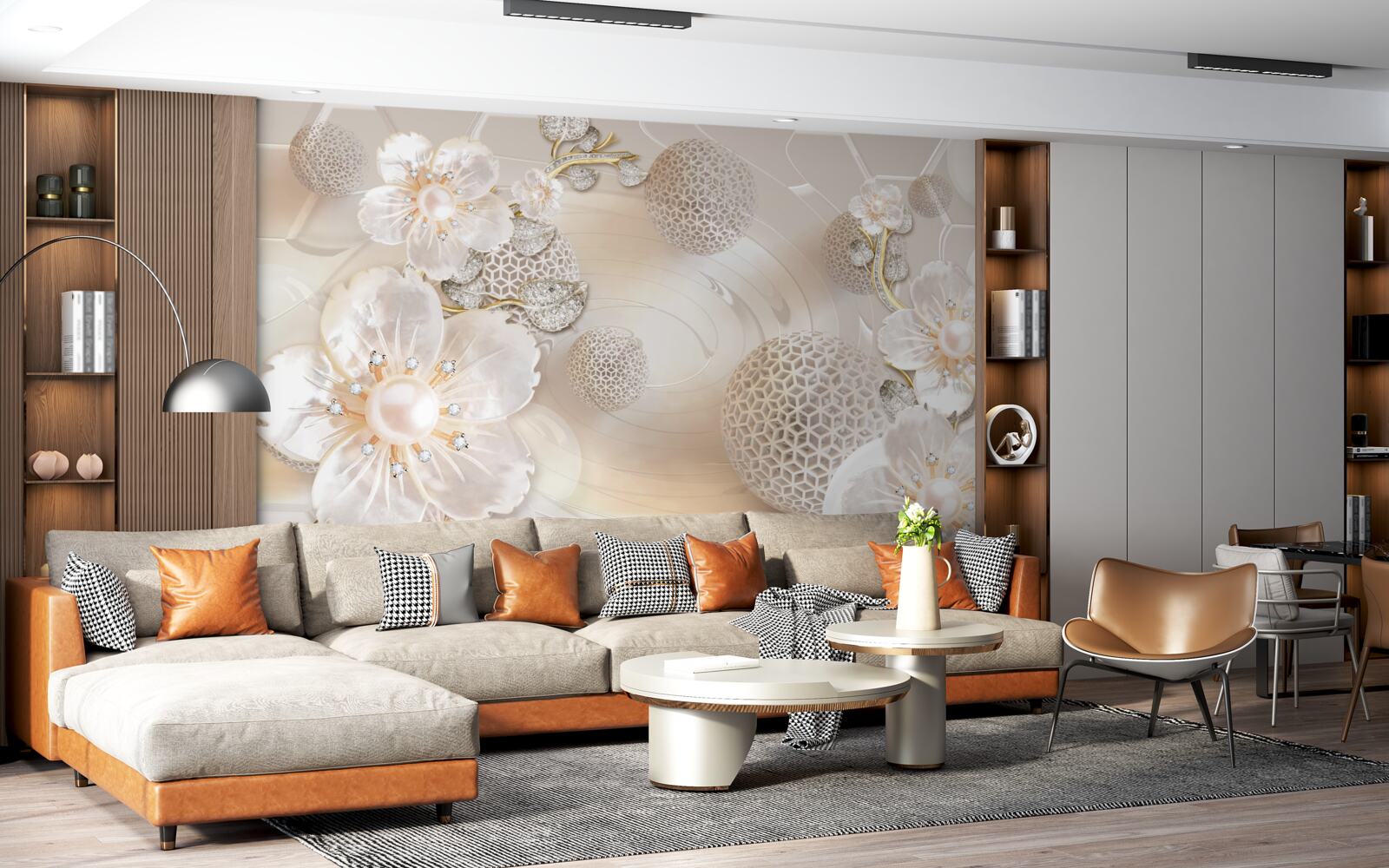 Fotobehang heldere drijvende ballen en lichte botanische kransen