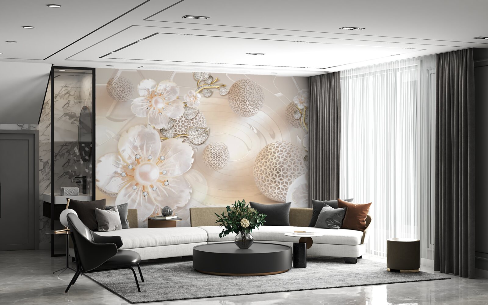 Fotobehang heldere drijvende ballen en lichte botanische kransen