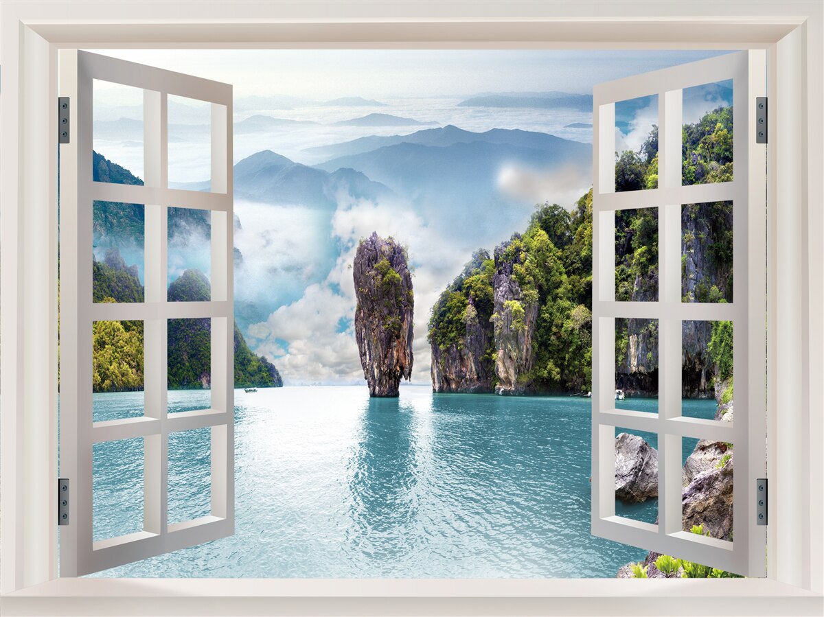 Fotobehang raam met uitzicht op een landschap van rotsen en kalme zeegezichten