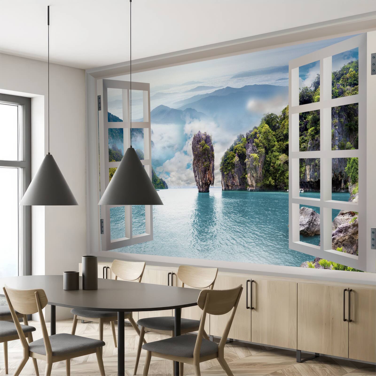 Fotobehang raam met uitzicht op een landschap van rotsen en kalme zeegezichten