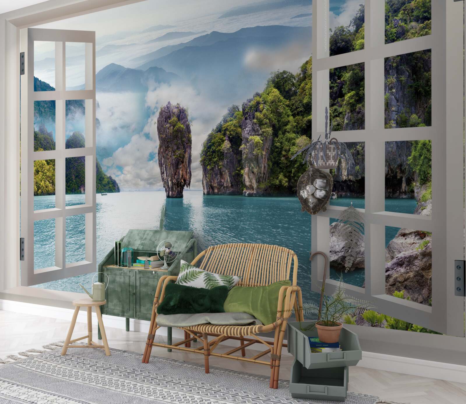 Fotobehang raam met uitzicht op een landschap van rotsen en kalme zeegezichten