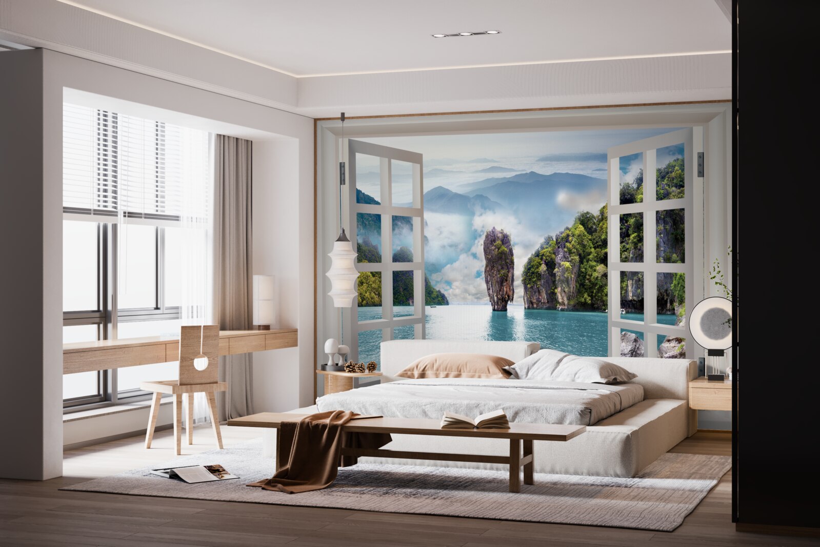 Fotobehang raam met uitzicht op een landschap van rotsen en kalme zeegezichten