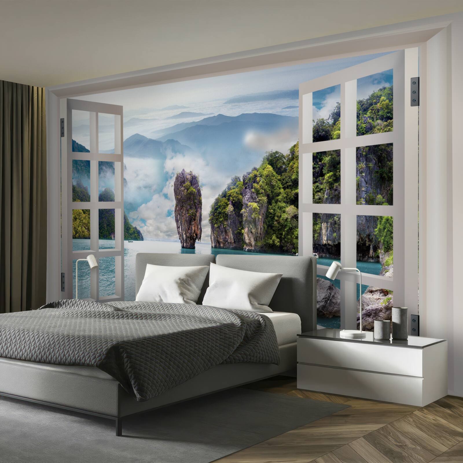 Fotobehang raam met uitzicht op een landschap van rotsen en kalme zeegezichten