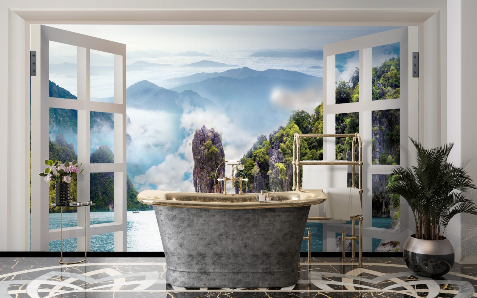 Fotobehang raam met uitzicht op een landschap van rotsen en kalme zeegezichten