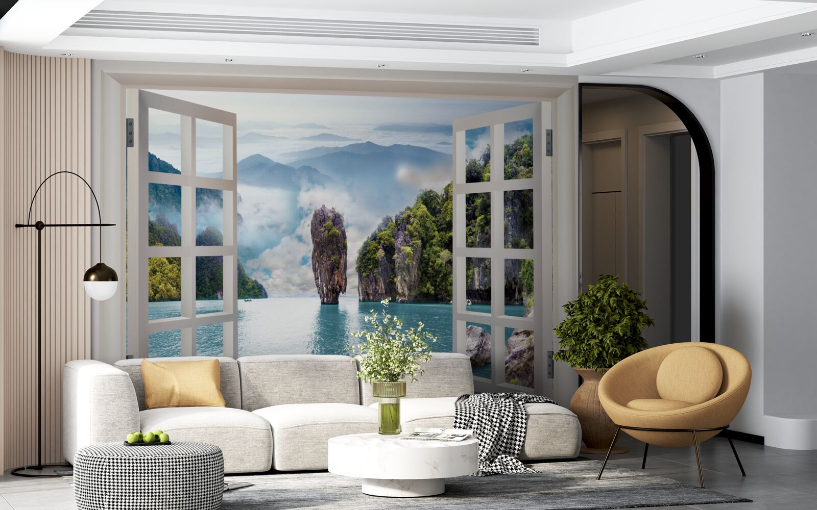 Fotobehang raam met uitzicht op een landschap van rotsen en kalme zeegezichten