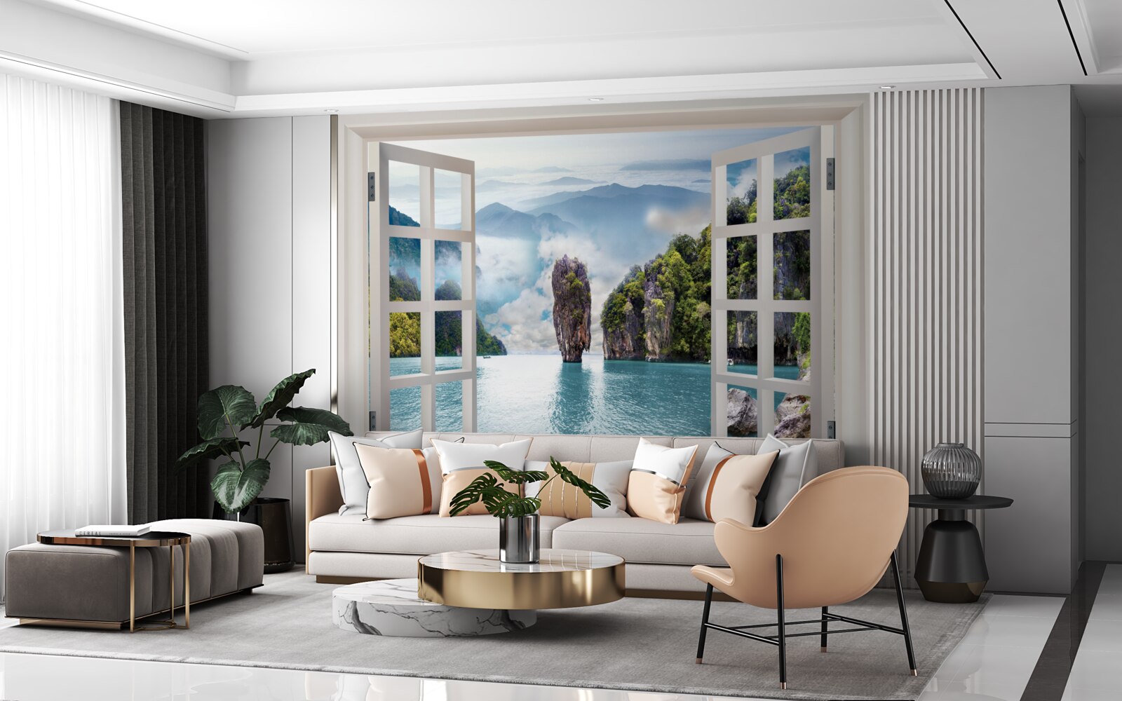 Fotobehang raam met uitzicht op een landschap van rotsen en kalme zeegezichten