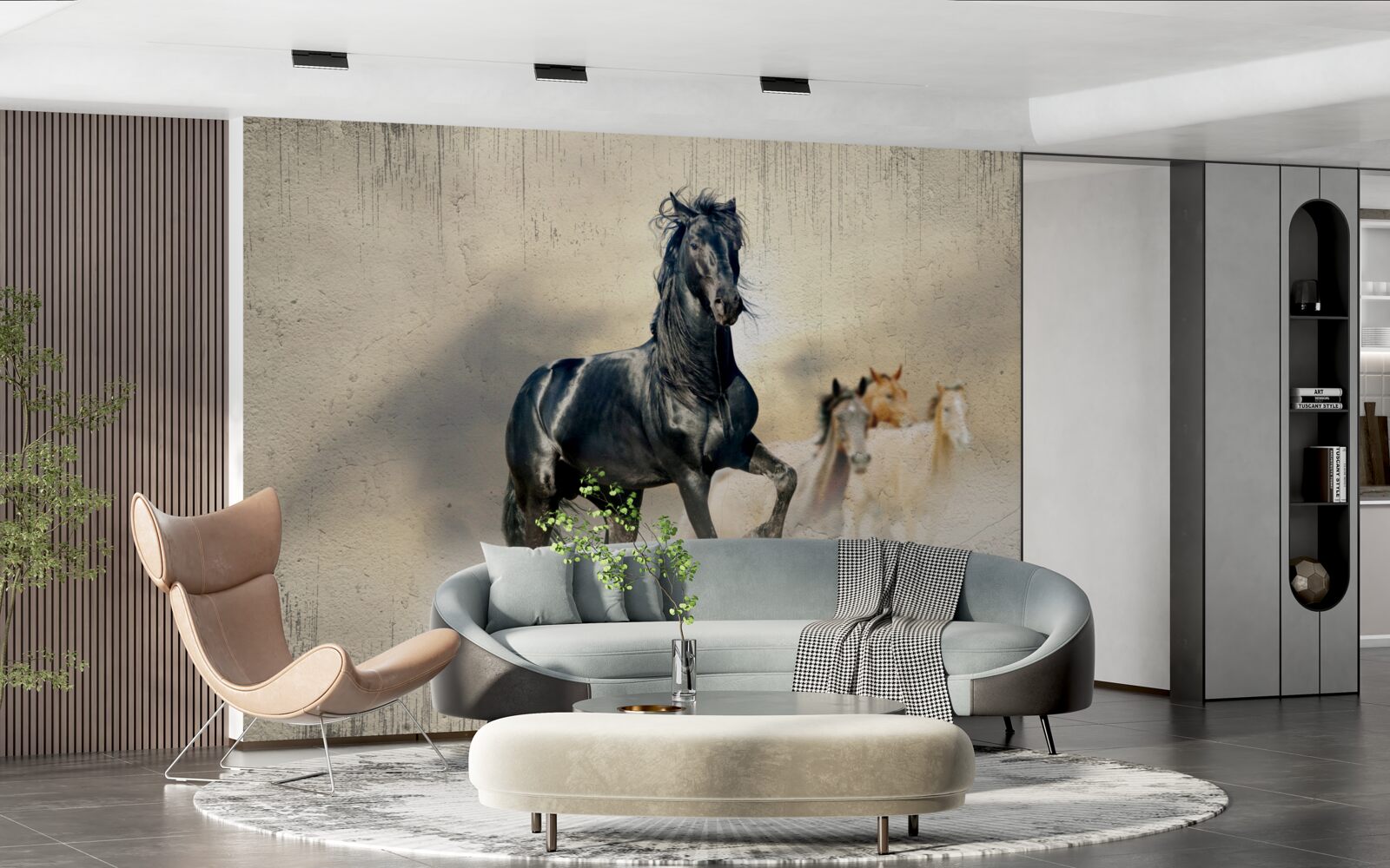 Fotobehang een kudde paarden graast op een uitgestrekte weide