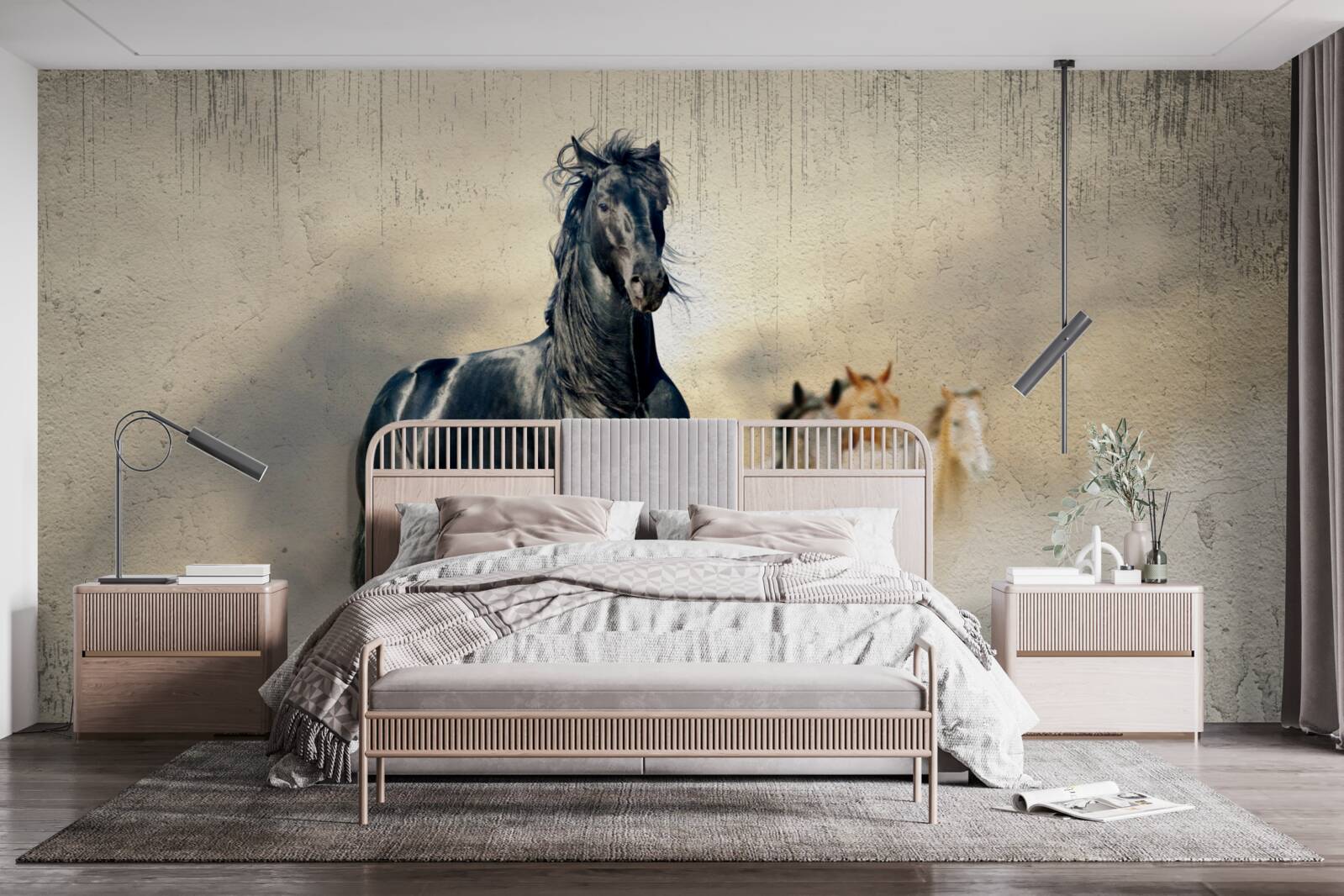 Fotobehang een kudde paarden graast op een uitgestrekte weide