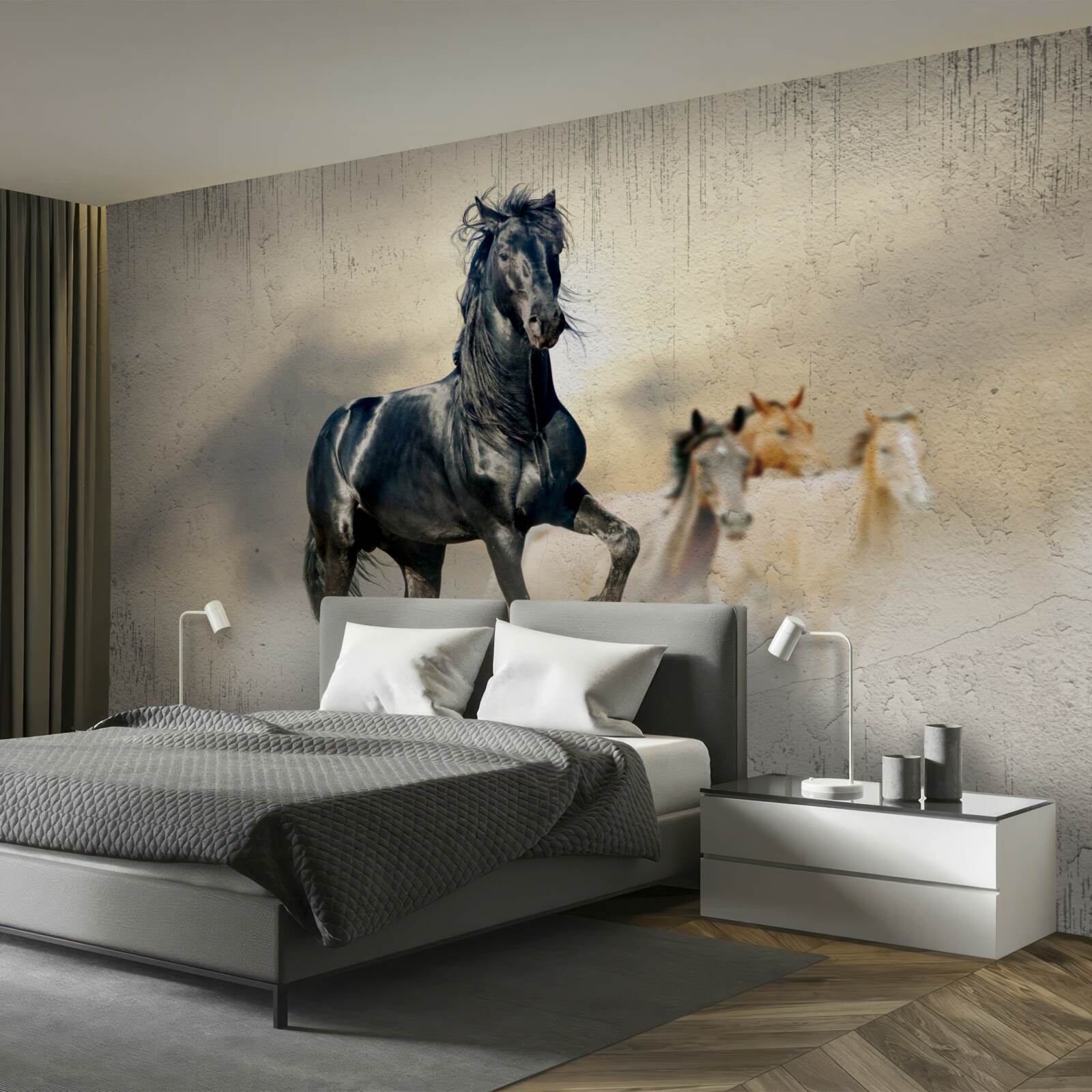 Fotobehang een kudde paarden graast op een uitgestrekte weide