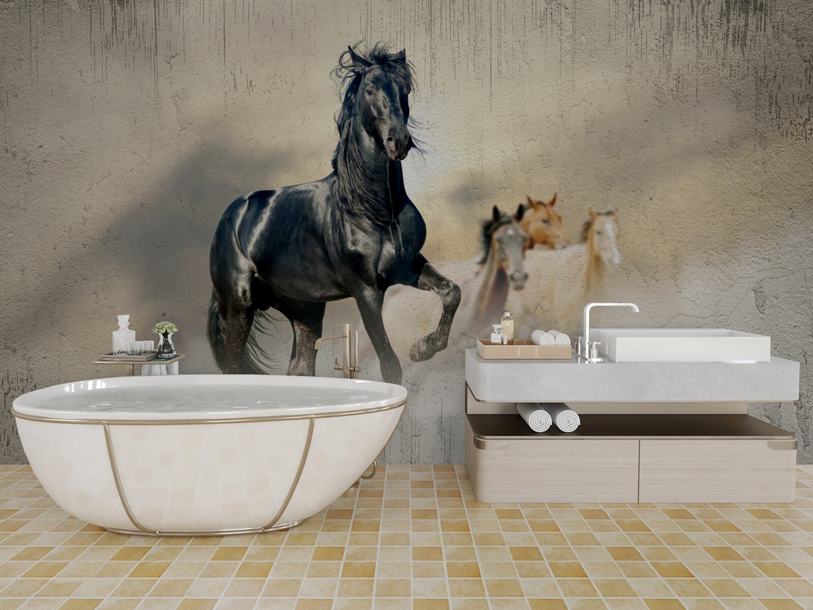 Fotobehang een kudde paarden graast op een uitgestrekte weide