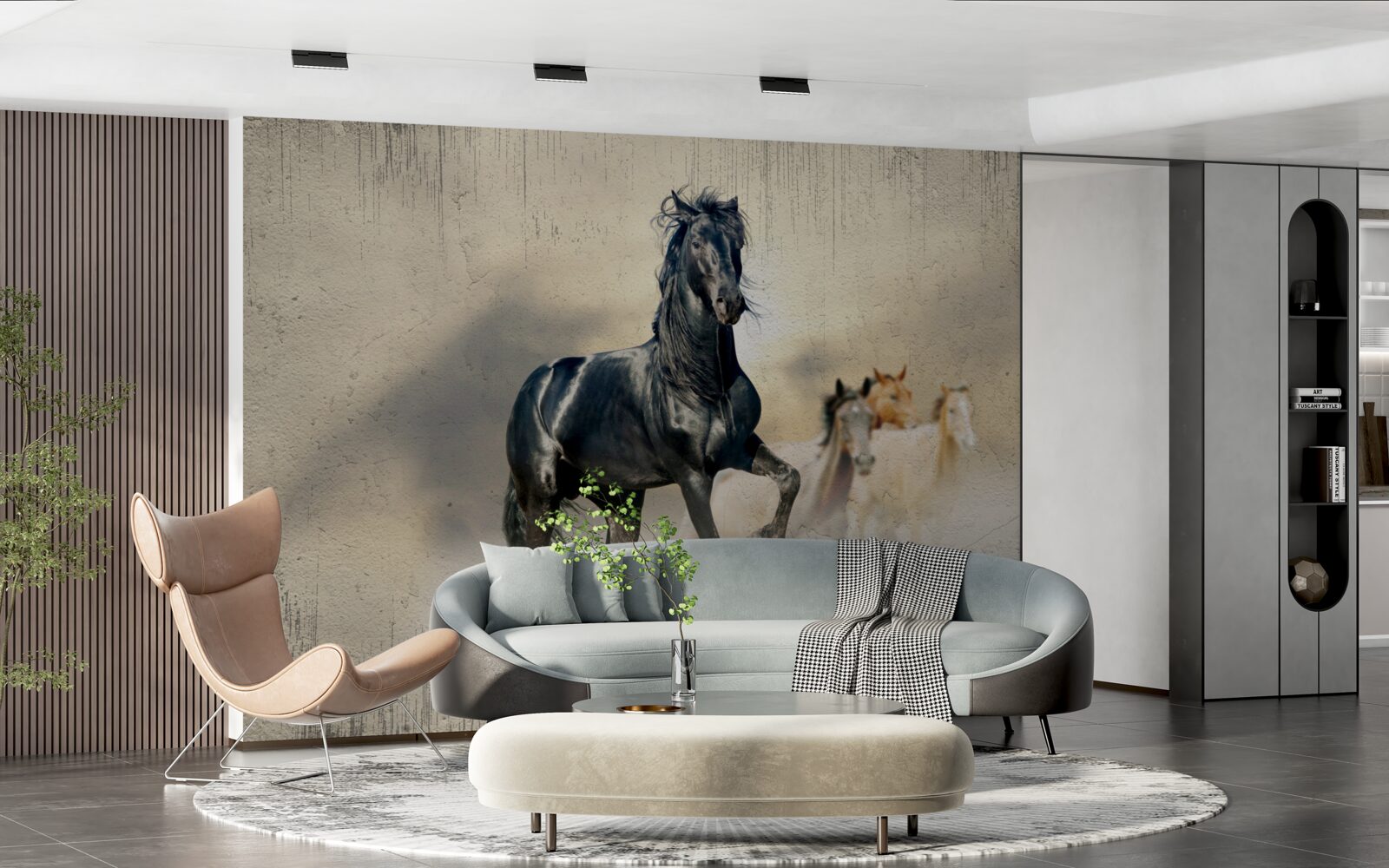 Fotobehang een kudde paarden graast op een uitgestrekte weide