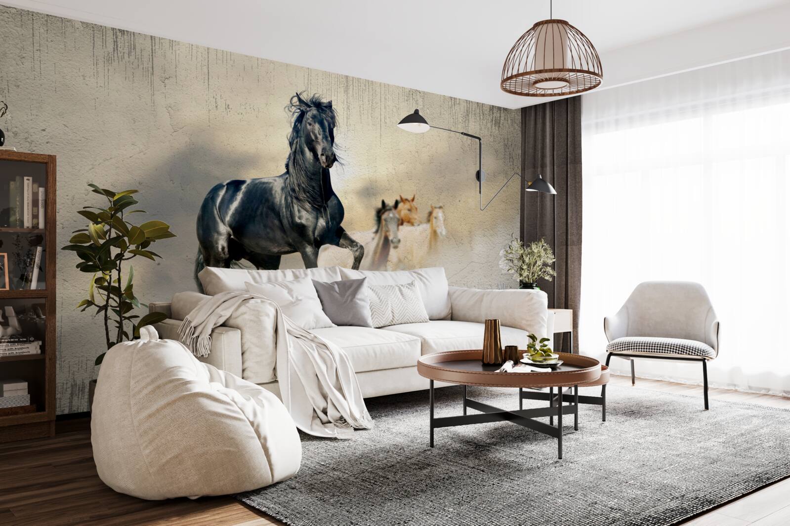 Fotobehang een kudde paarden graast op een uitgestrekte weide