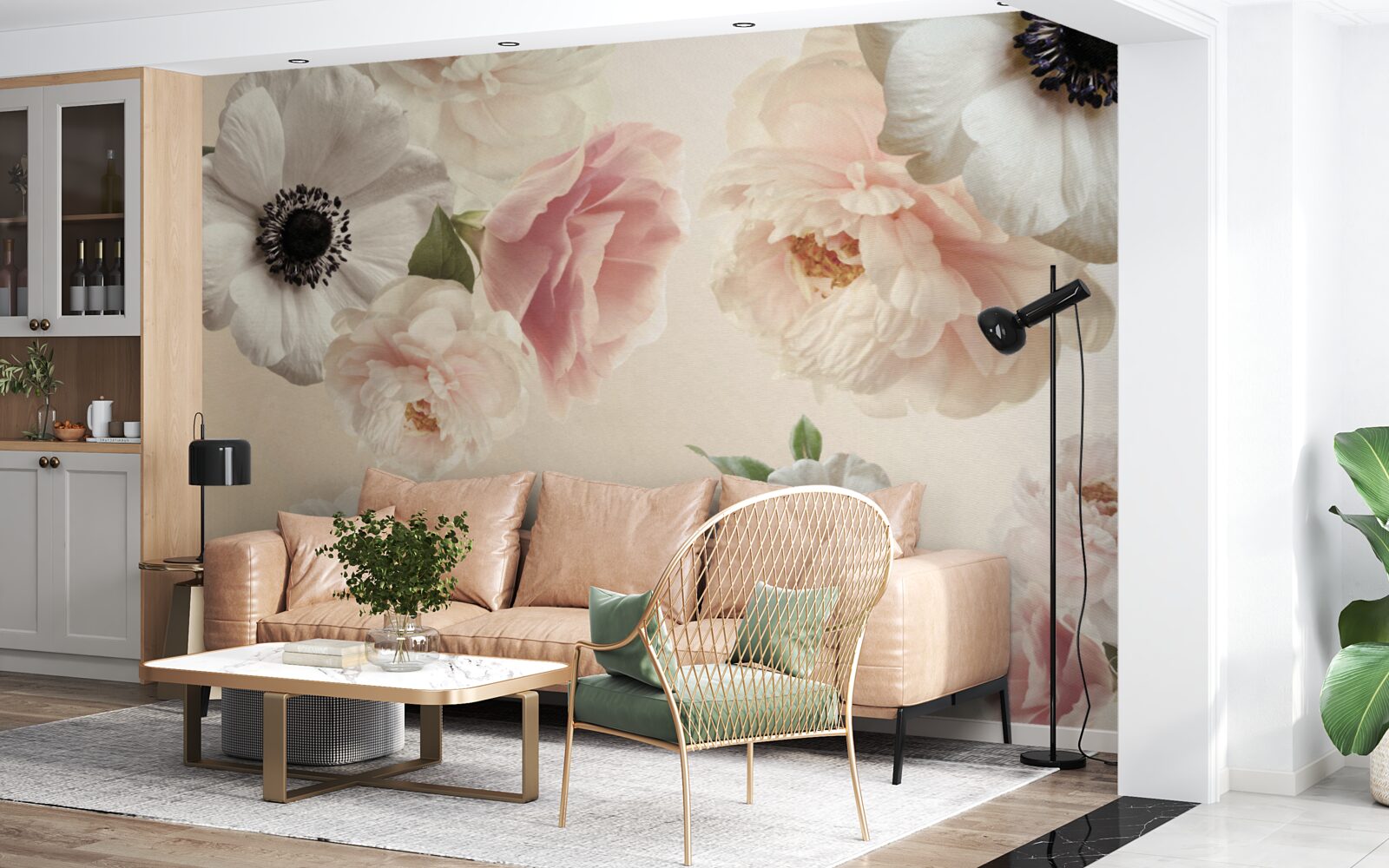 Fotobehang roze roos met witte klaproos