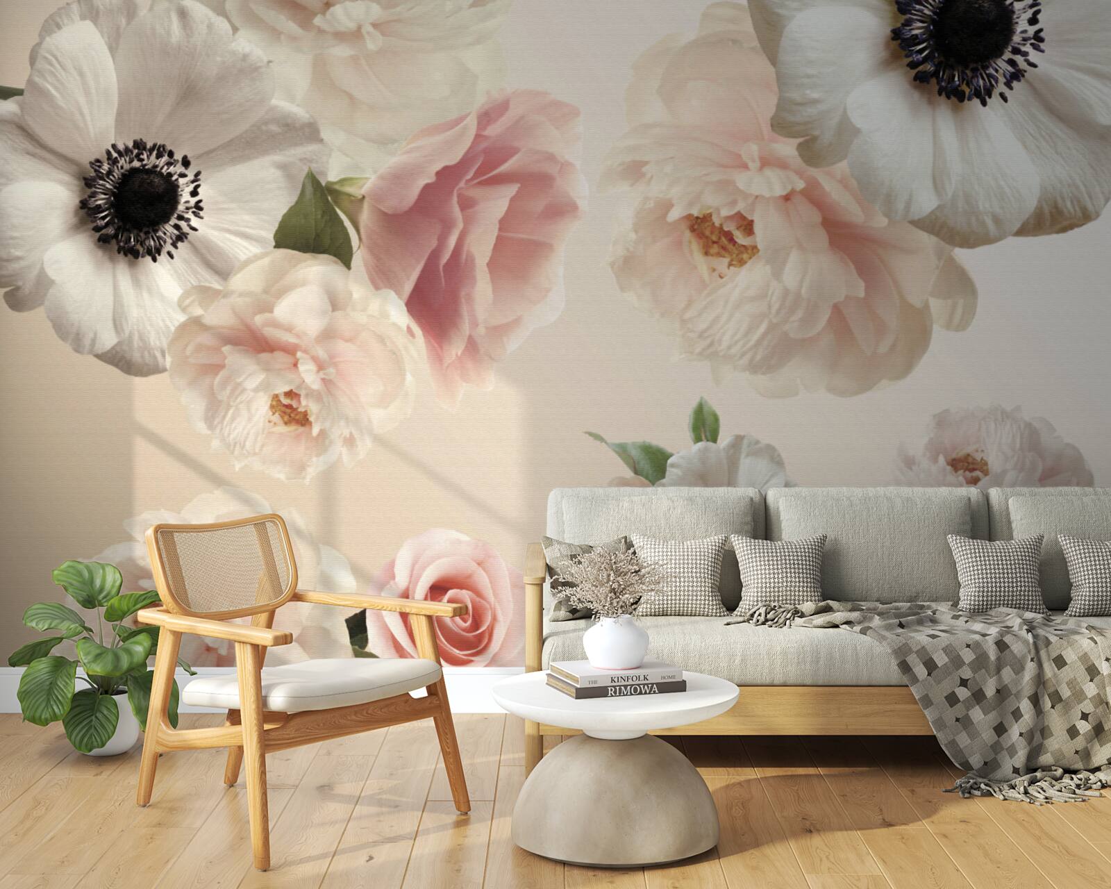 Fotobehang roze roos met witte klaproos