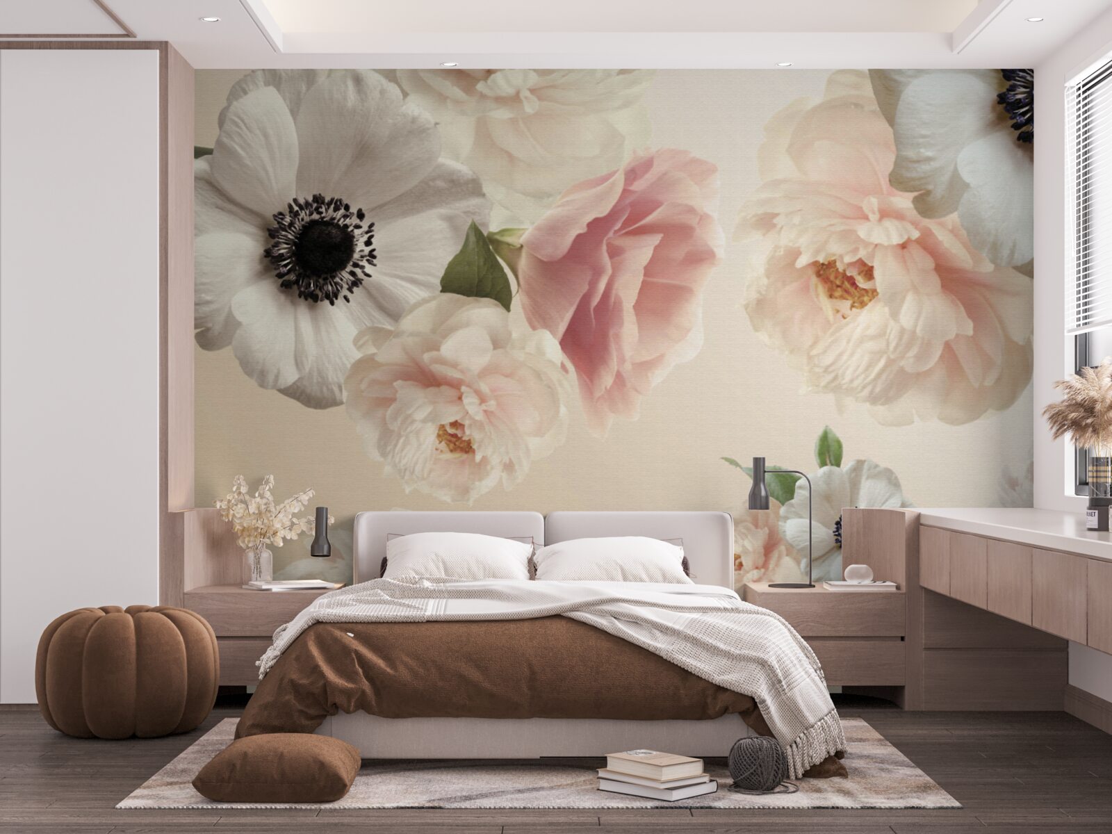 Fotobehang roze roos met witte klaproos