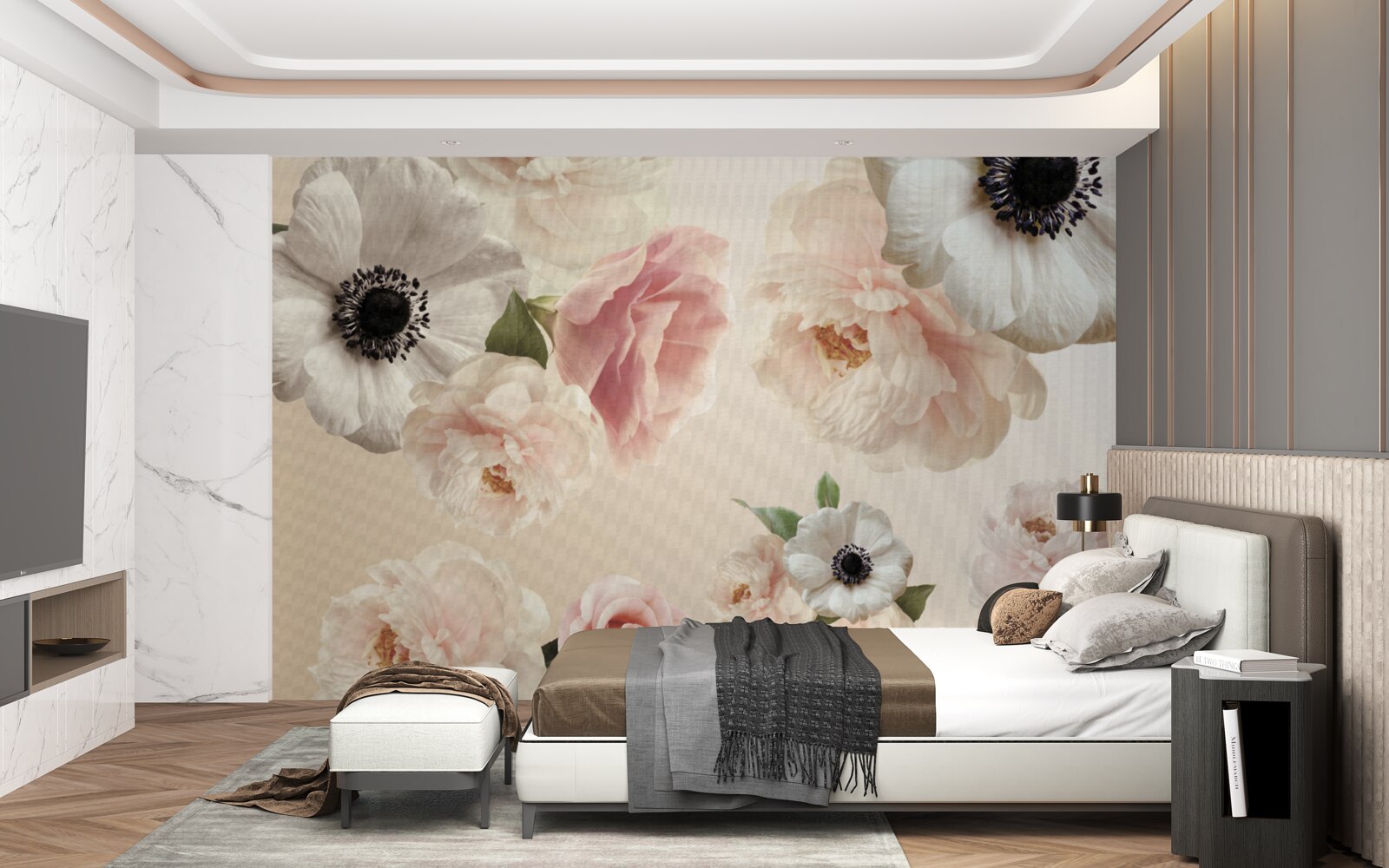 Fotobehang roze roos met witte klaproos