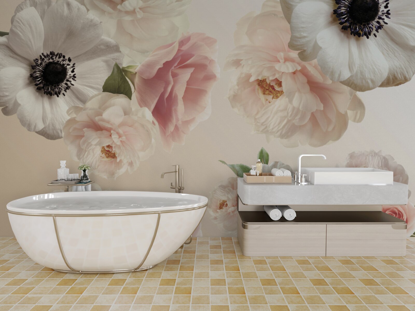 Fotobehang roze roos met witte klaproos