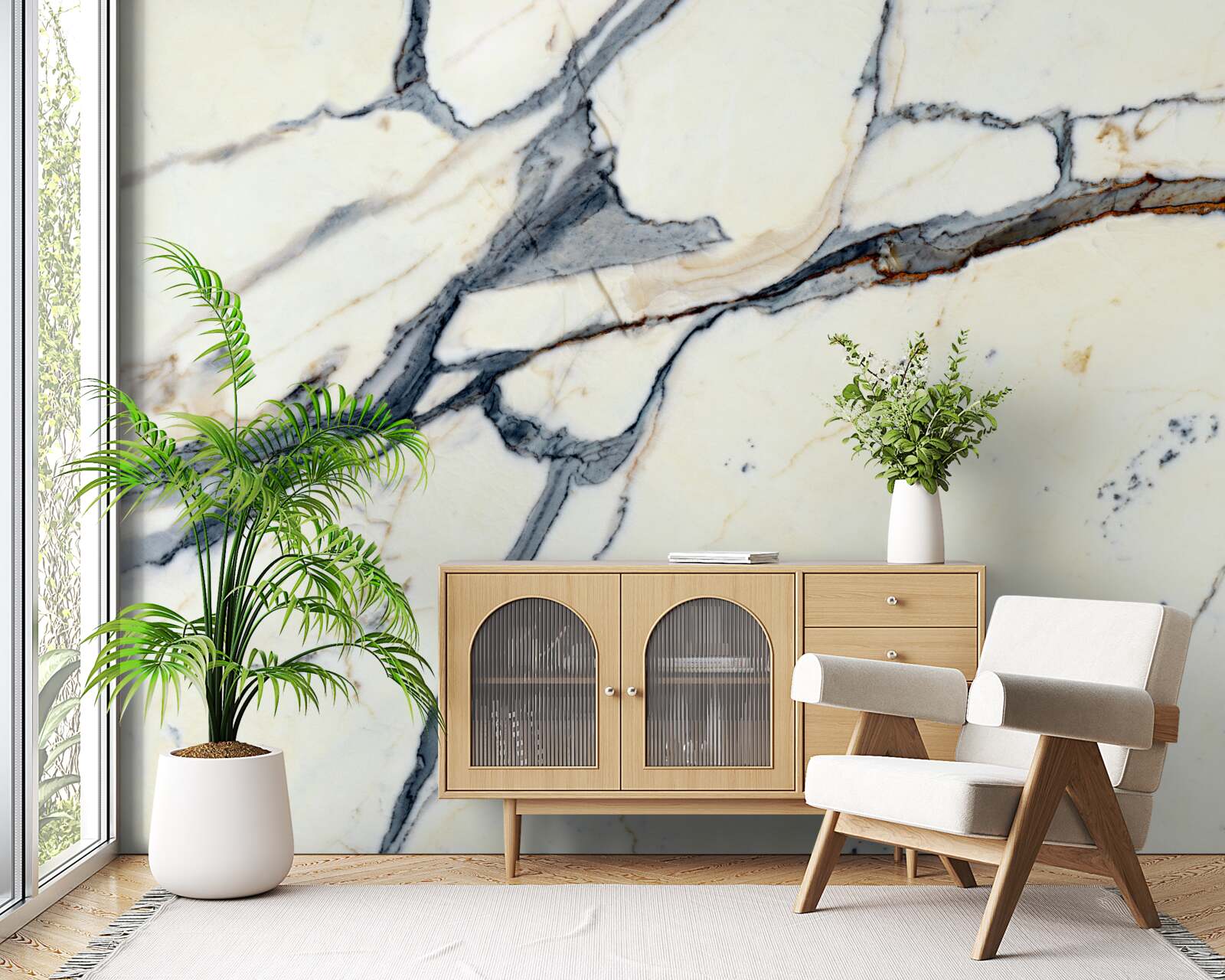 Fotobehang licht marmer met zwarte infusies