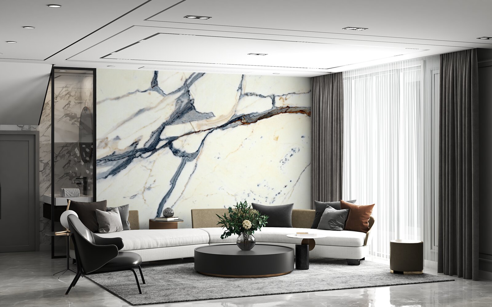 Fotobehang licht marmer met zwarte infusies