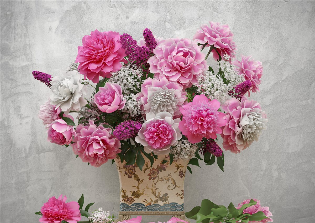 Fotobehang compositie van witte margrieten en seringbloesems