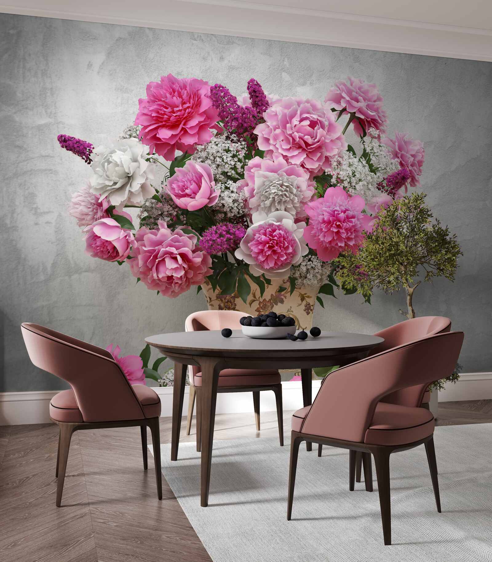 Fotobehang compositie van witte margrieten en seringbloesems