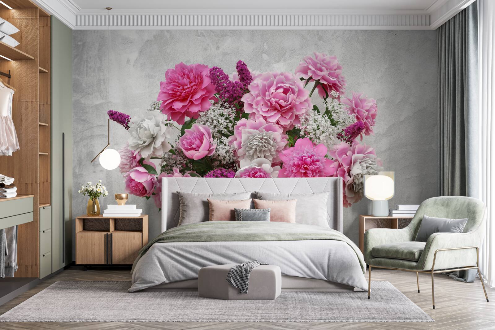 Fotobehang compositie van witte margrieten en seringbloesems