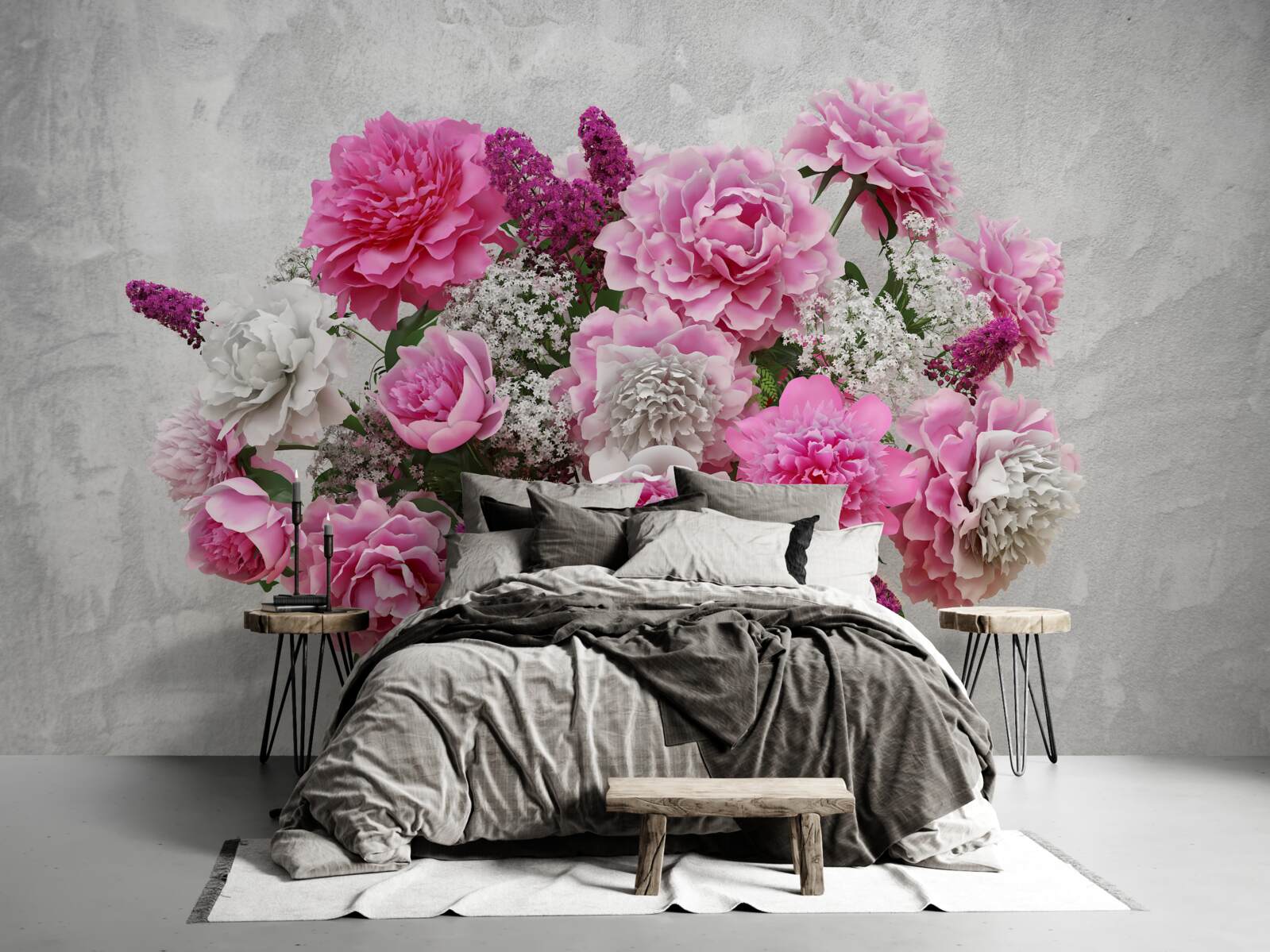 Fotobehang compositie van witte margrieten en seringbloesems