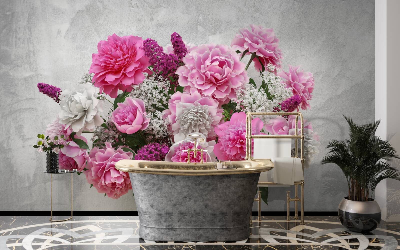 Fotobehang compositie van witte margrieten en seringbloesems