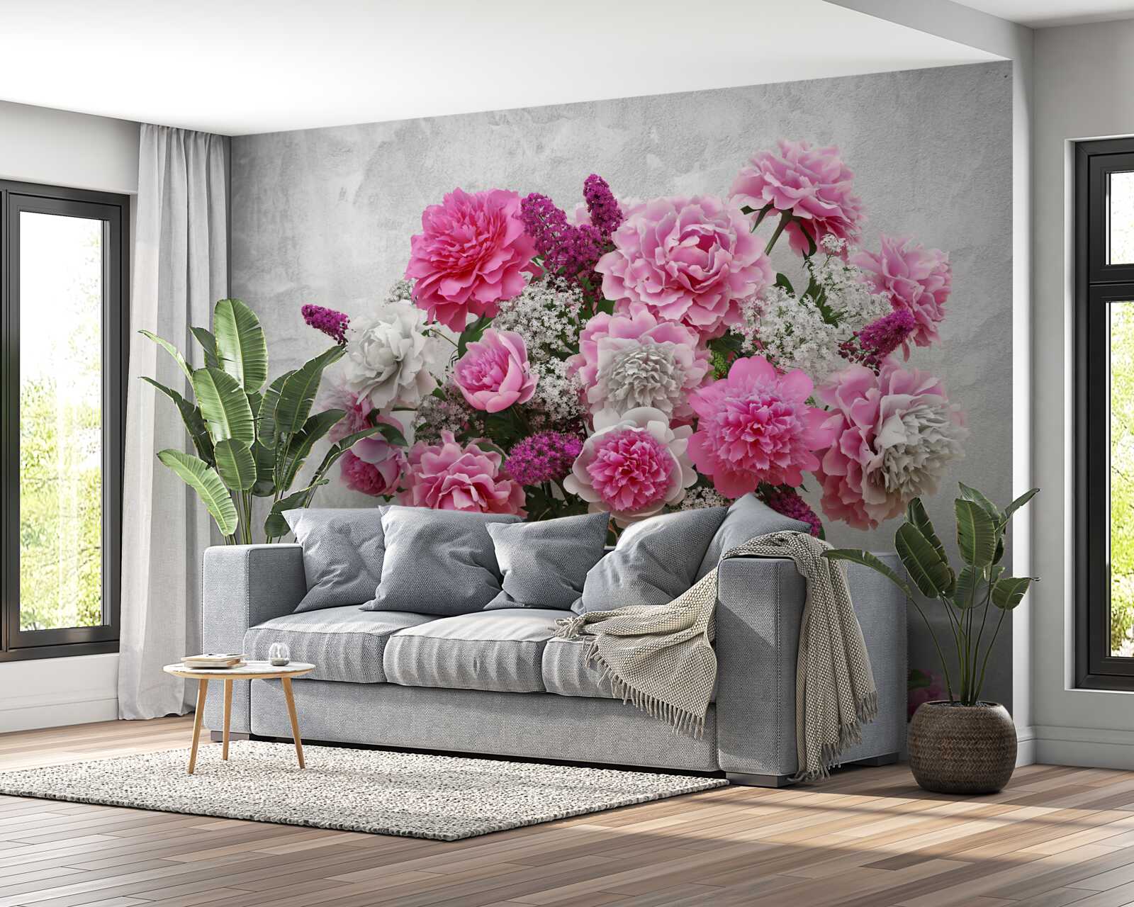 Fotobehang compositie van witte margrieten en seringbloesems