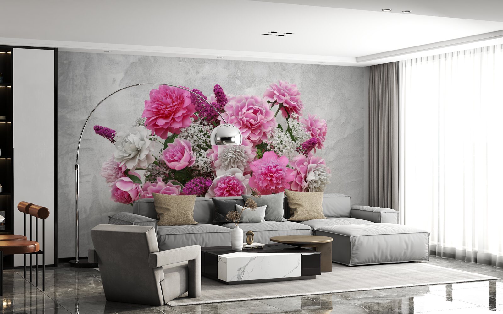 Fotobehang compositie van witte margrieten en seringbloesems