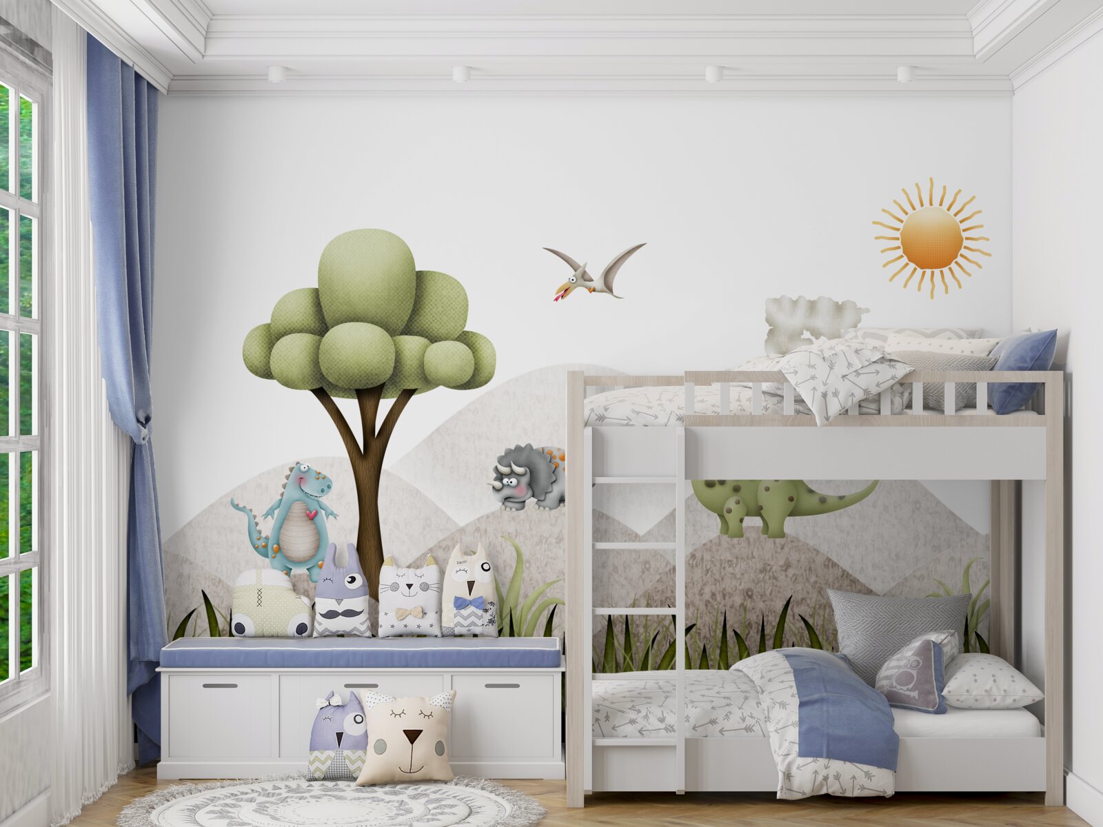 Fotobehang dinosaurussen lopen naast een vulkaan