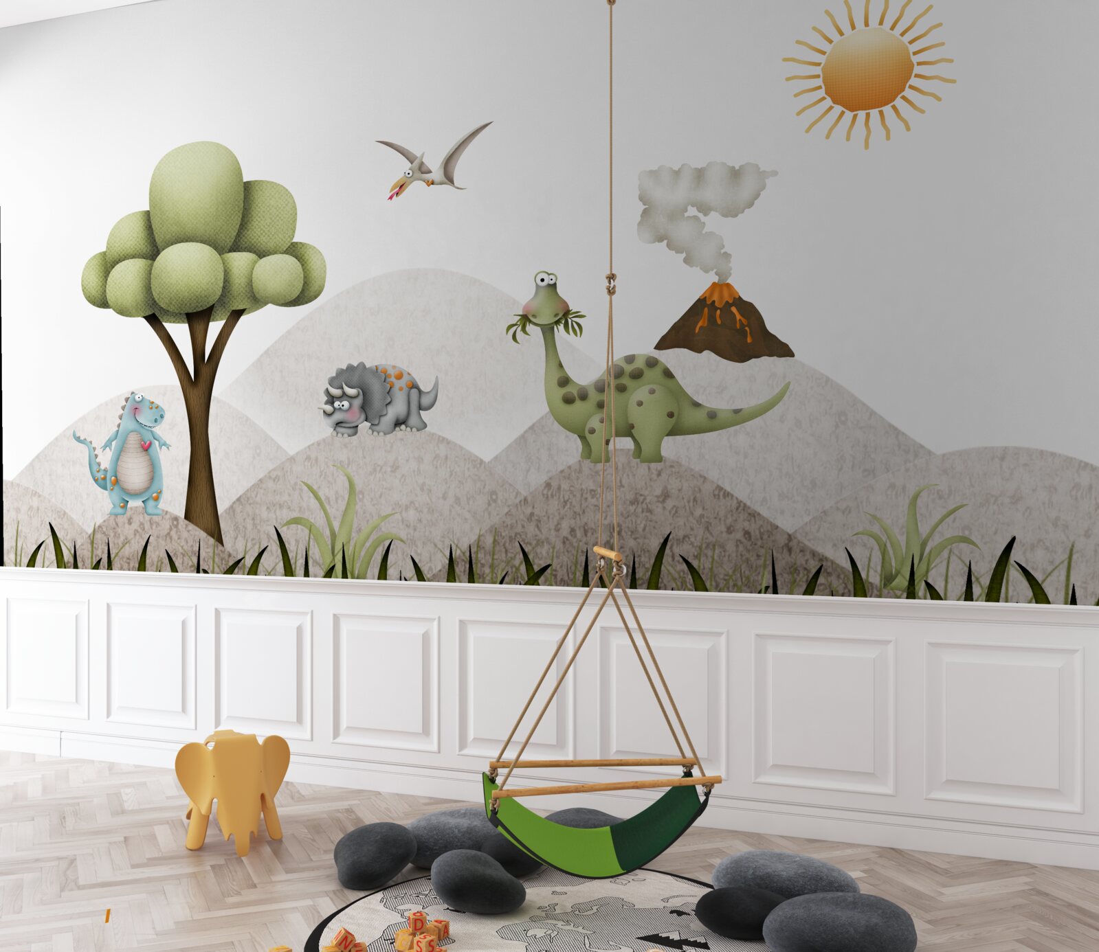 Fotobehang dinosaurussen lopen naast een vulkaan