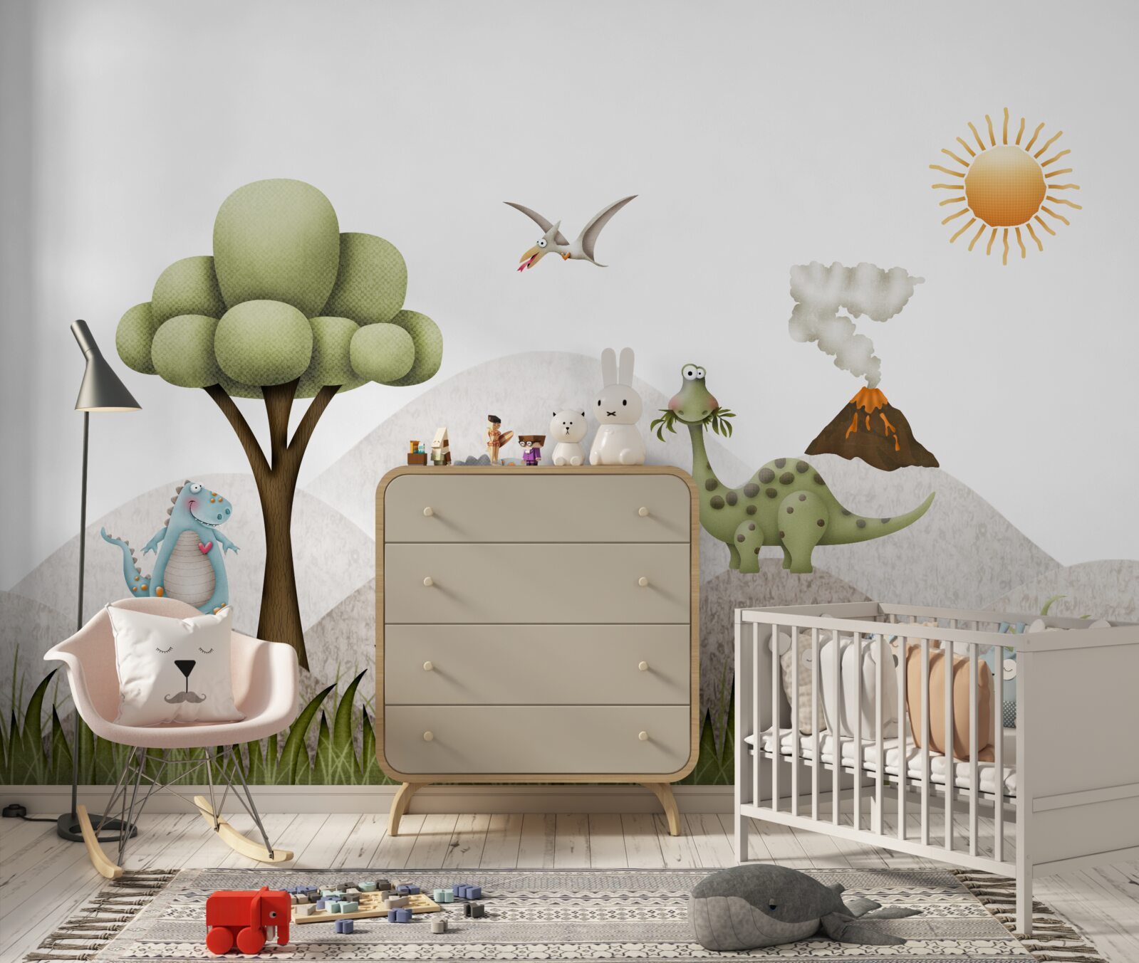 Fotobehang dinosaurussen lopen naast een vulkaan