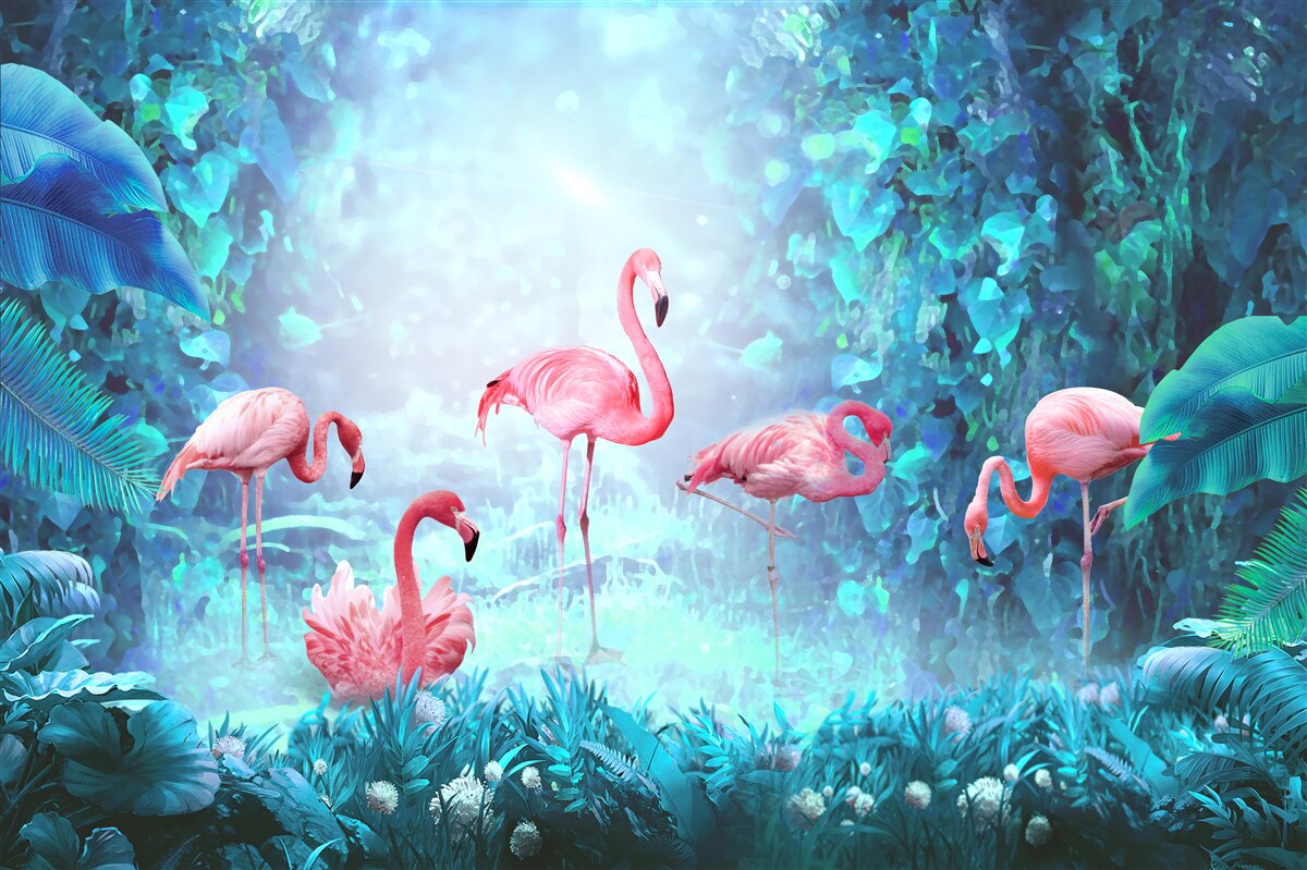 Fotobehang roze flamingo's in de nachtelijke wateren
