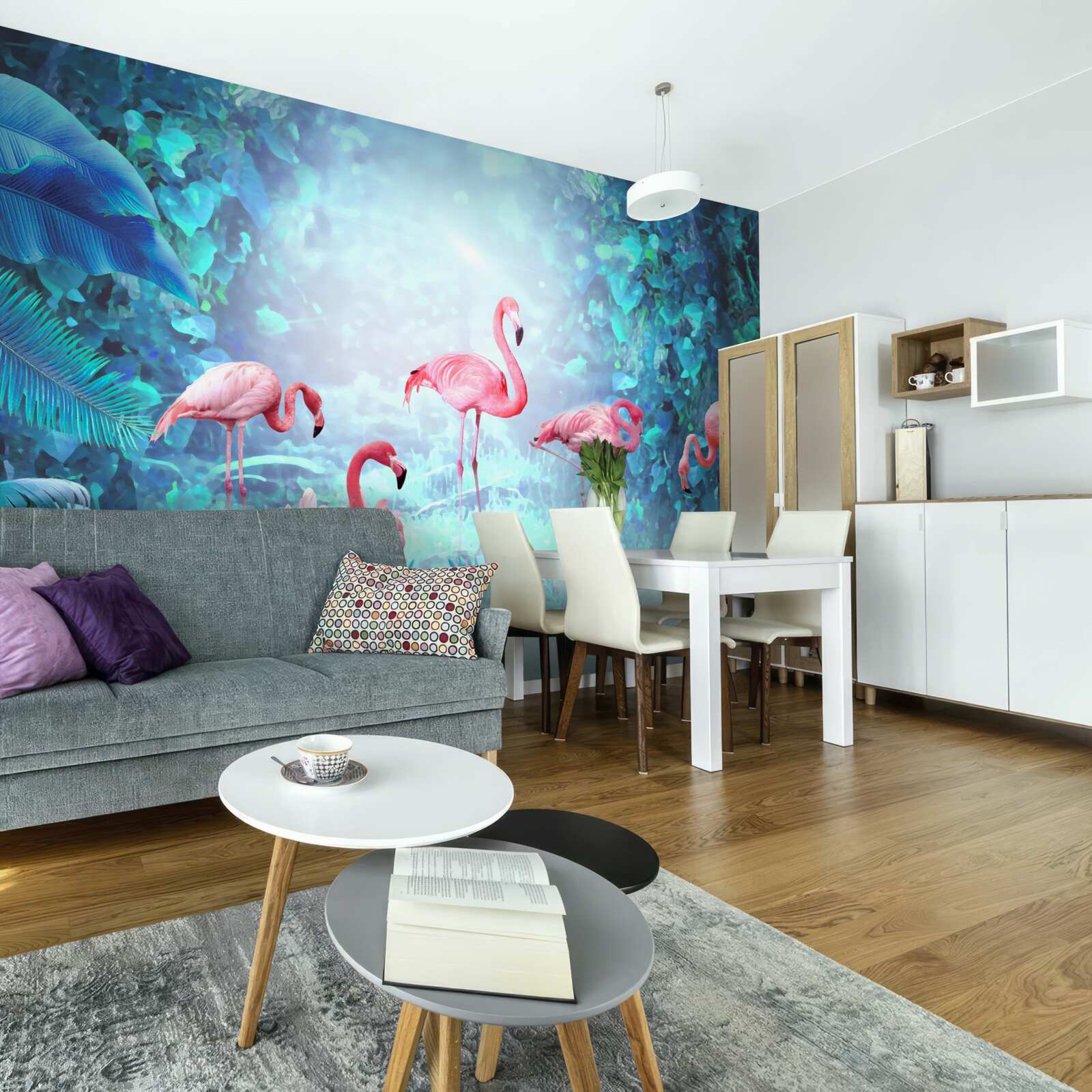 Fotobehang roze flamingo's in de nachtelijke wateren