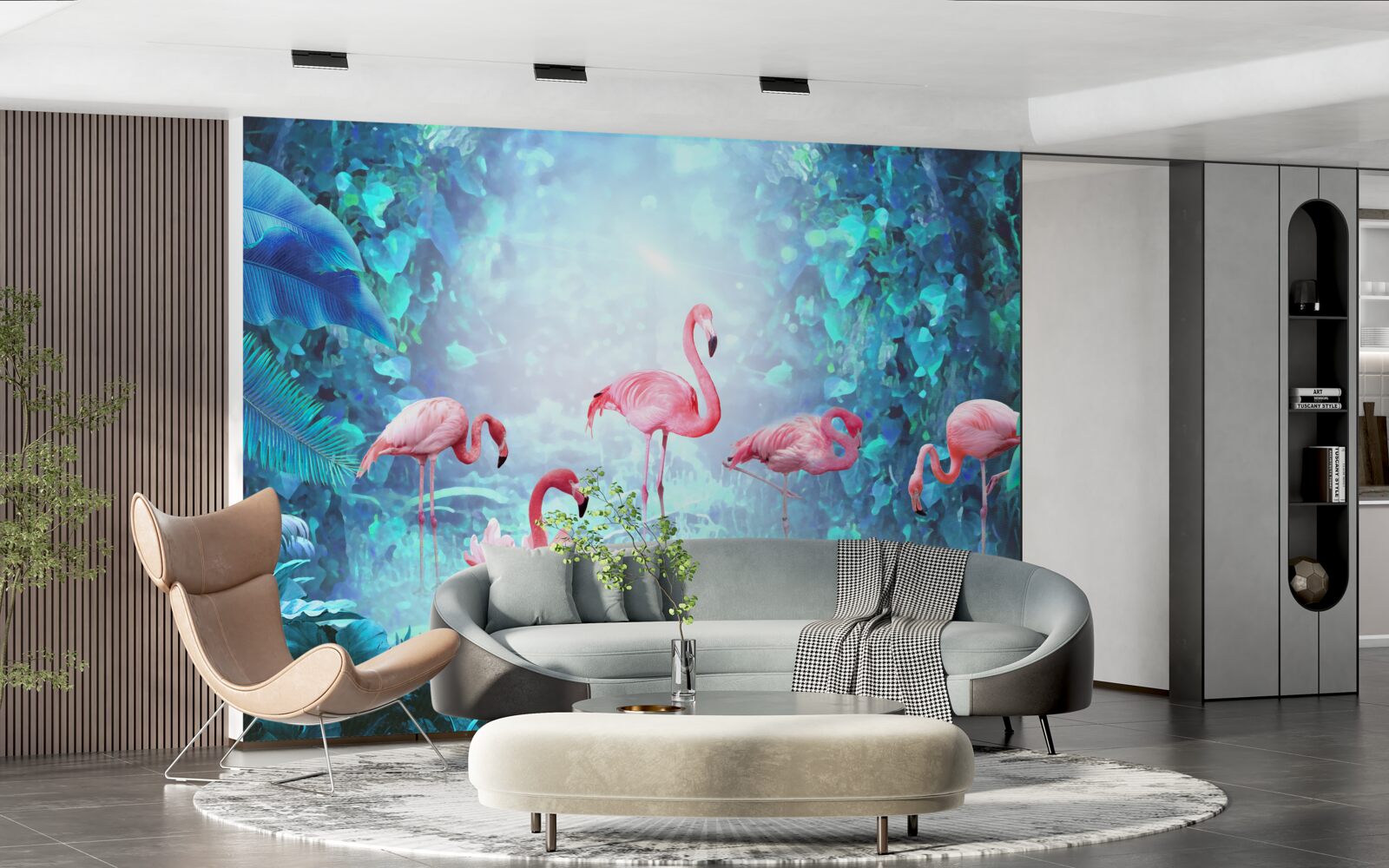 Fotobehang roze flamingo's in de nachtelijke wateren