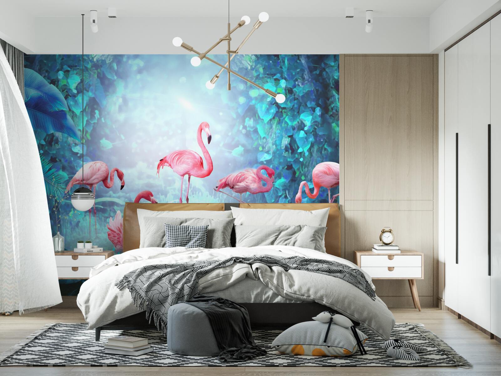 Fotobehang roze flamingo's in de nachtelijke wateren