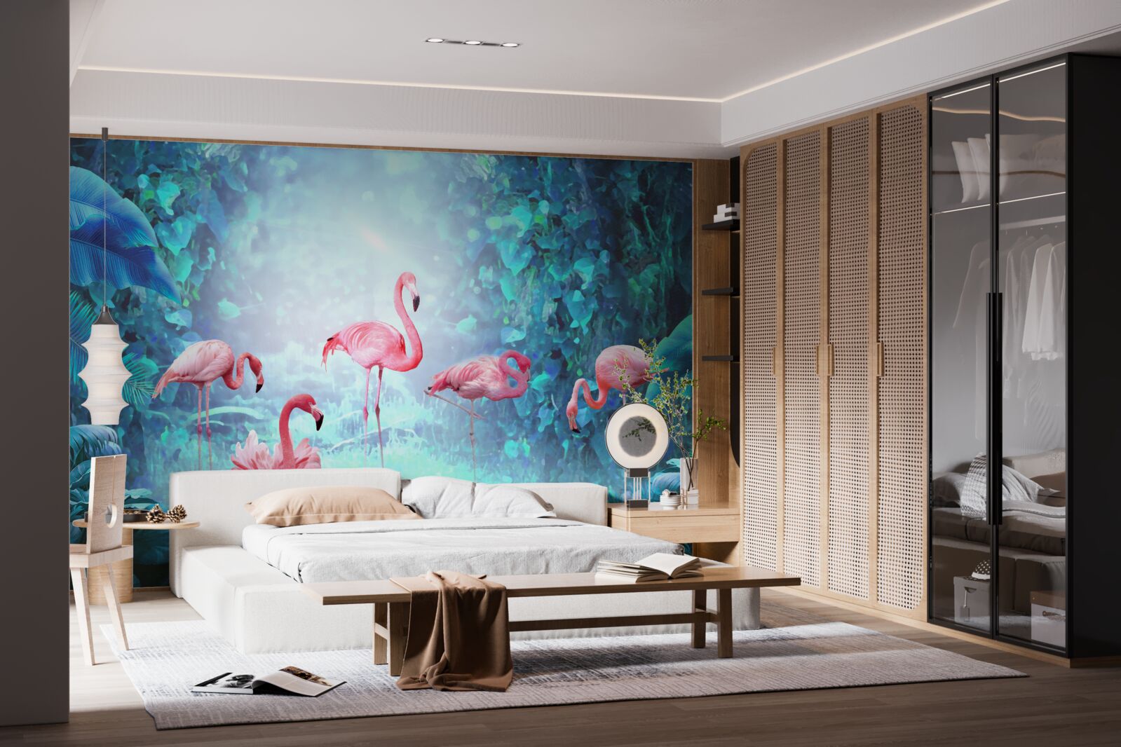 Fotobehang roze flamingo's in de nachtelijke wateren