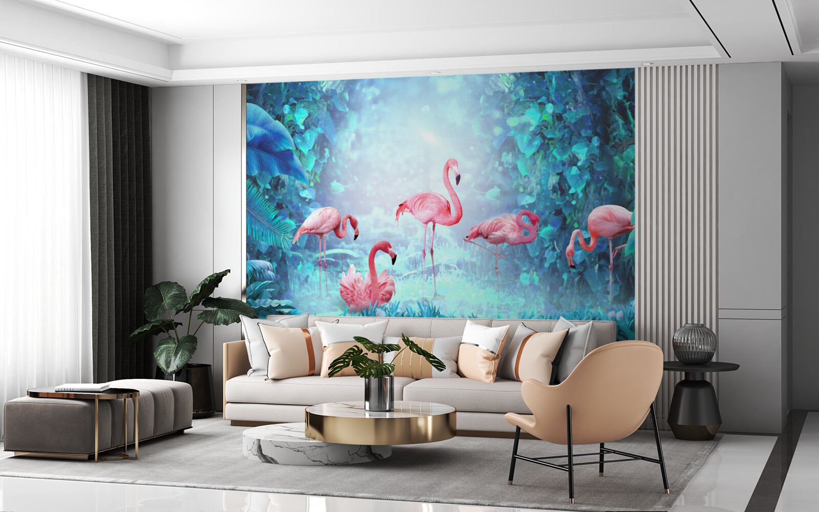 Fotobehang roze flamingo's in de nachtelijke wateren