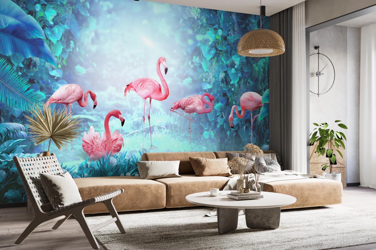 Fotobehang roze flamingo's in de nachtelijke wateren