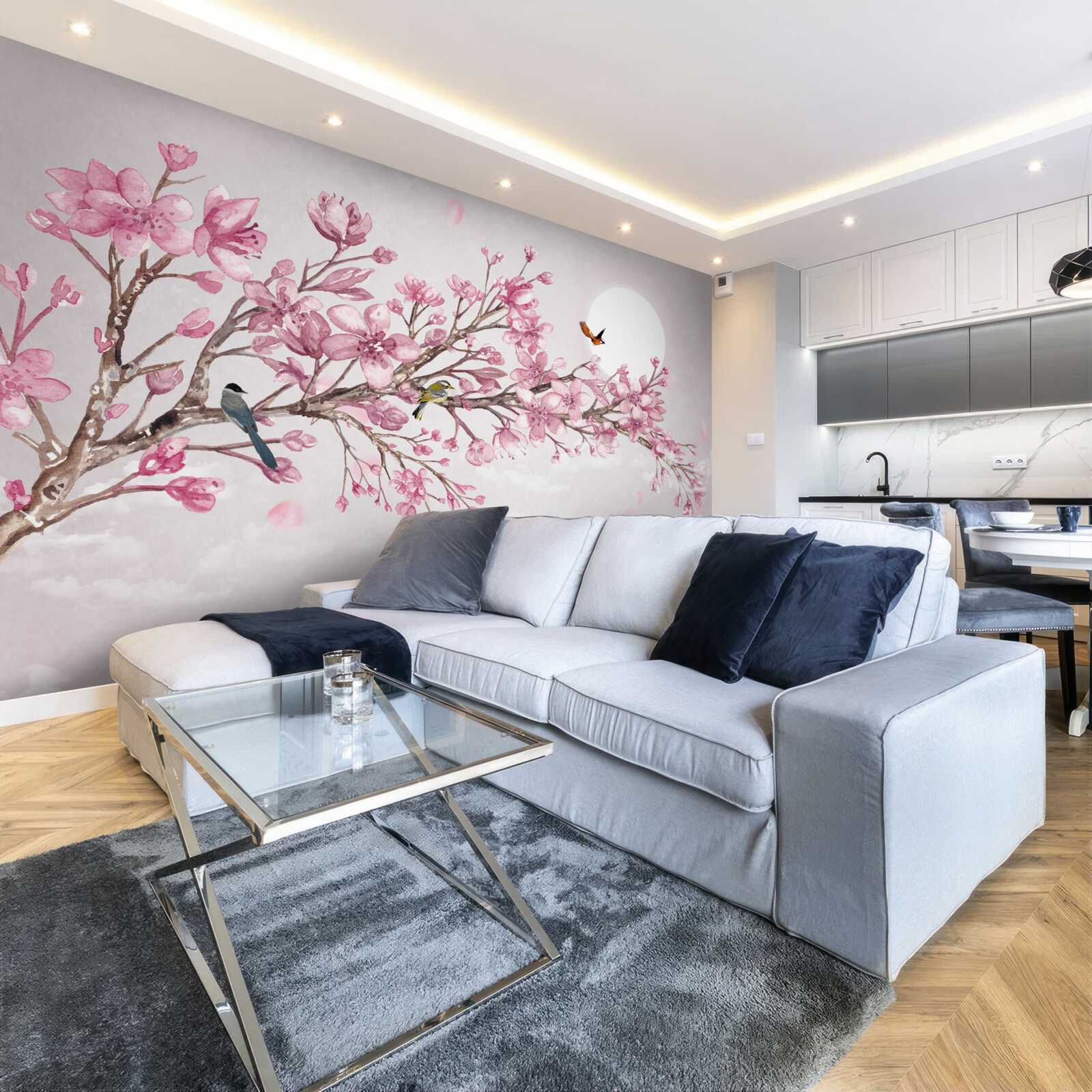 Fotobehang adembenemende roze magnoliaboom op een zonnige dag