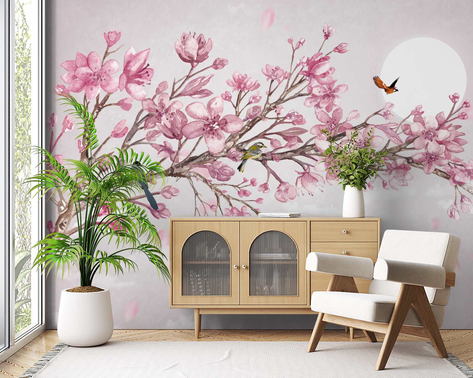 Fotobehang adembenemende roze magnoliaboom op een zonnige dag