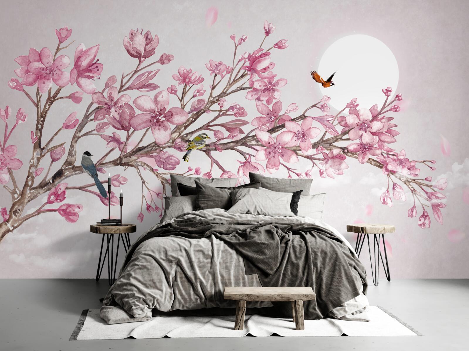 Fotobehang adembenemende roze magnoliaboom op een zonnige dag