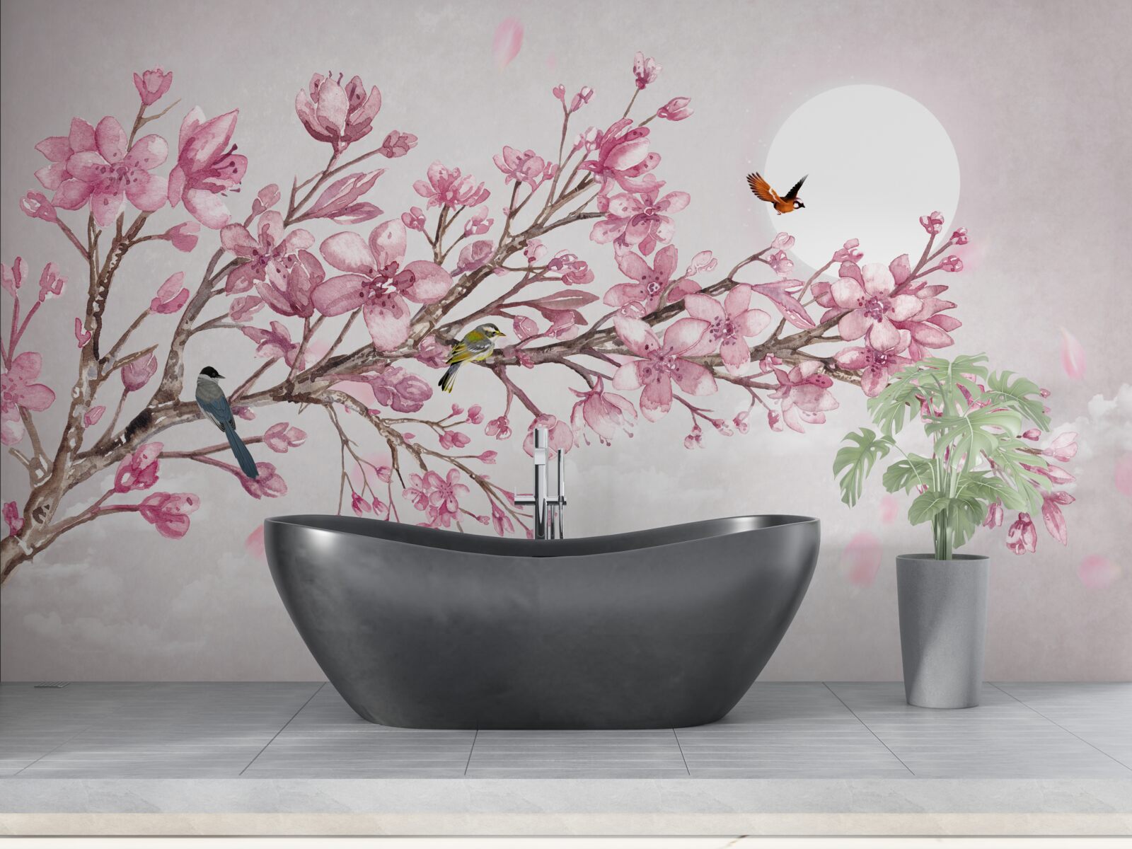 Fotobehang adembenemende roze magnoliaboom op een zonnige dag